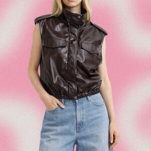 ZARA Chocolate Brown Faux Leather Vest – Cropped Moto Utility | S | NWT